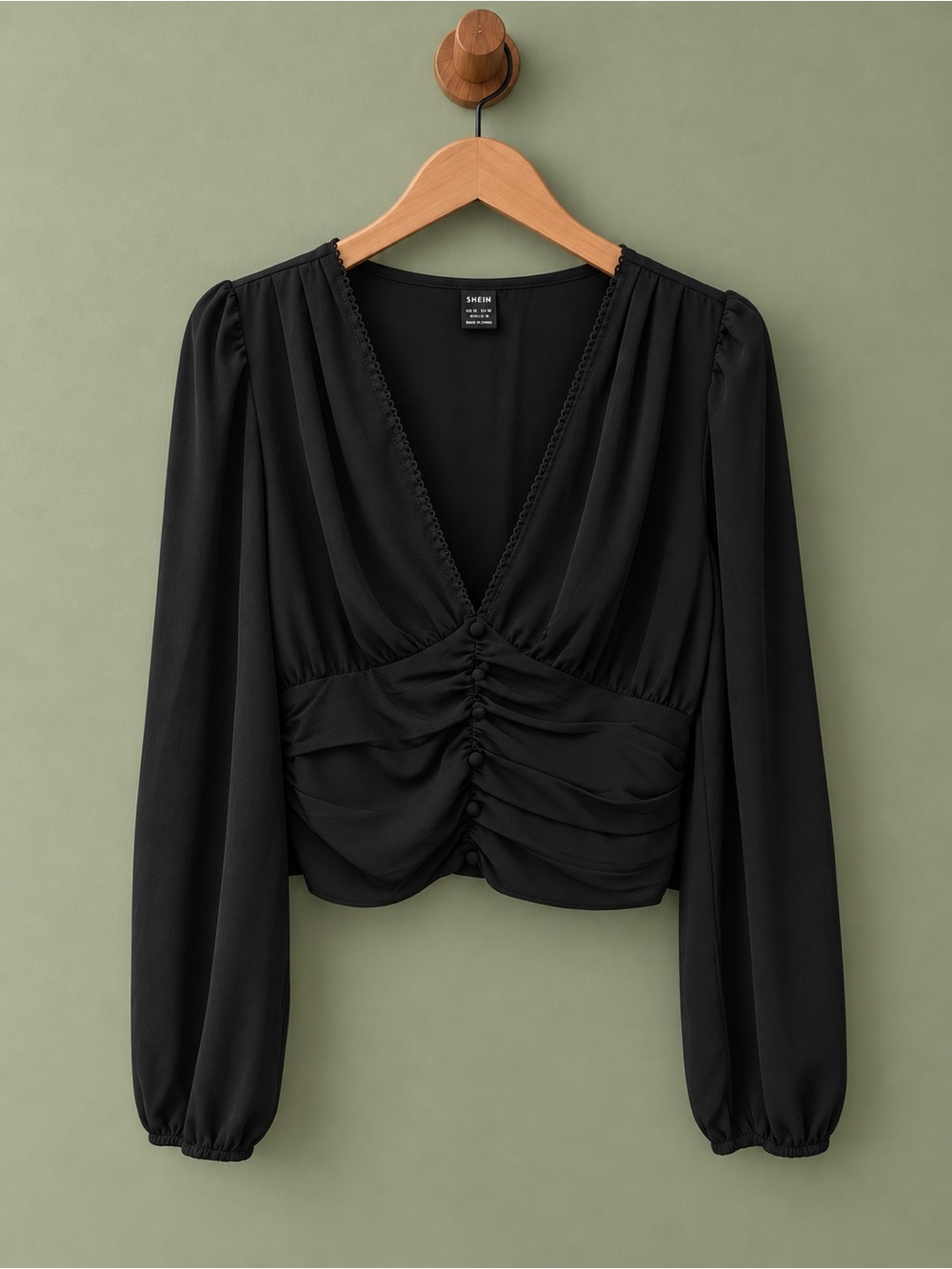 SHEIN Black Ruched Long Sleeve Blouse – Size L